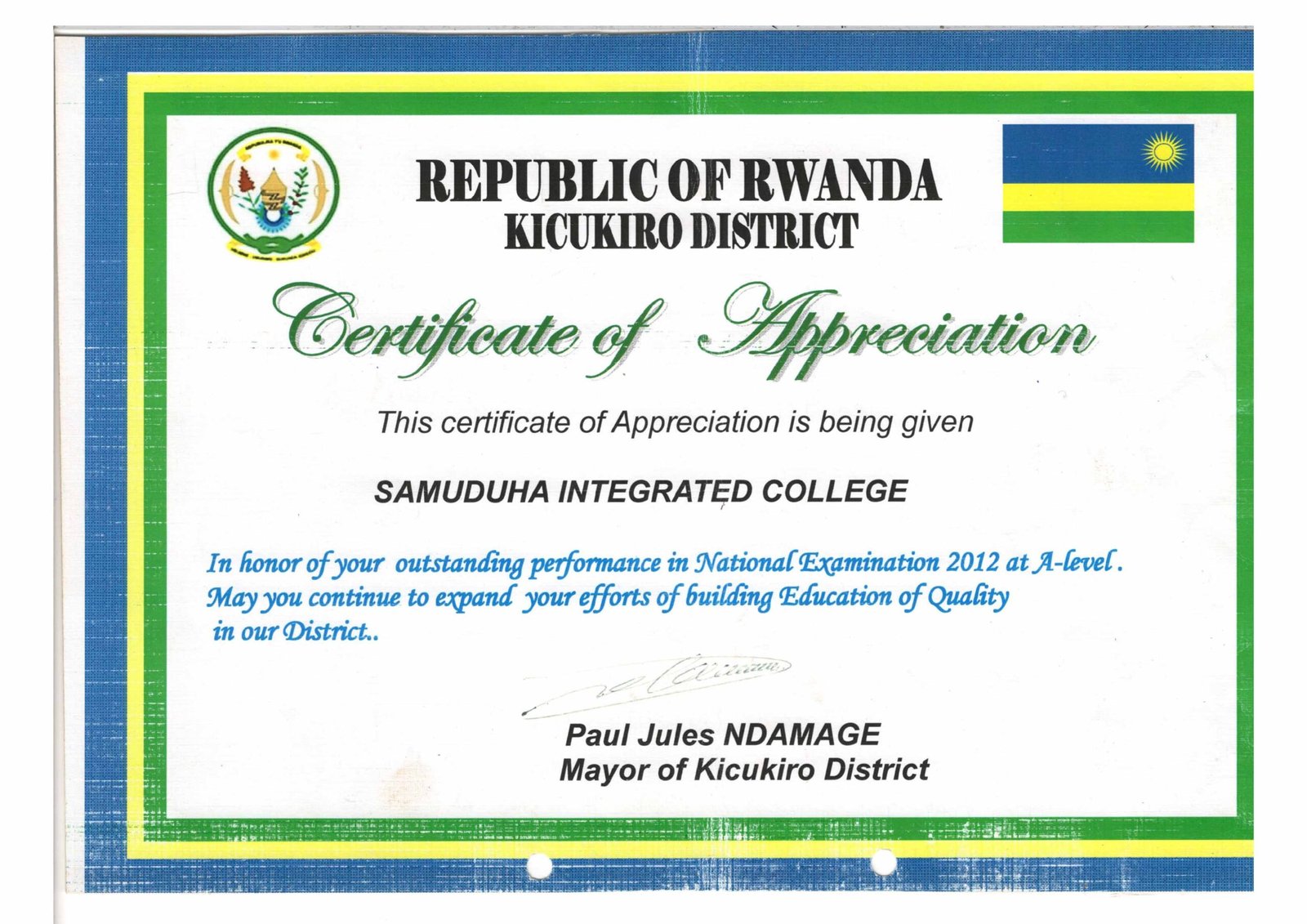 Certificate of Appreciation
~ Kicukiro District